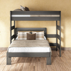 Gray wooden bunk bed with full-size lower bed and twin upper bunk, beige linens and plaid accent pillows on hardwood floor in cozy bedroom