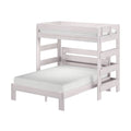 Whitewashed wooden twin-over-twin bunk bed with slatted guardrails and mattress, modern kids bedroom furniture