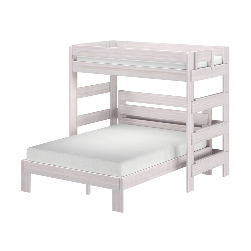 Whitewashed wooden twin-over-twin bunk bed with slatted guardrails and mattress, modern kids bedroom furniture