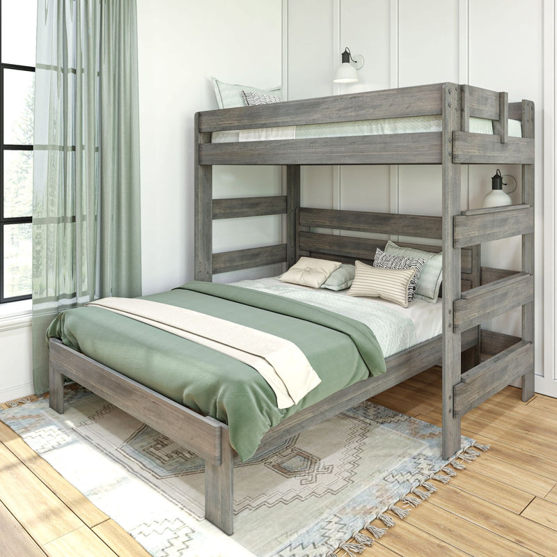 Wooden bunk bed with green bedding in a bright, modern bedroom.