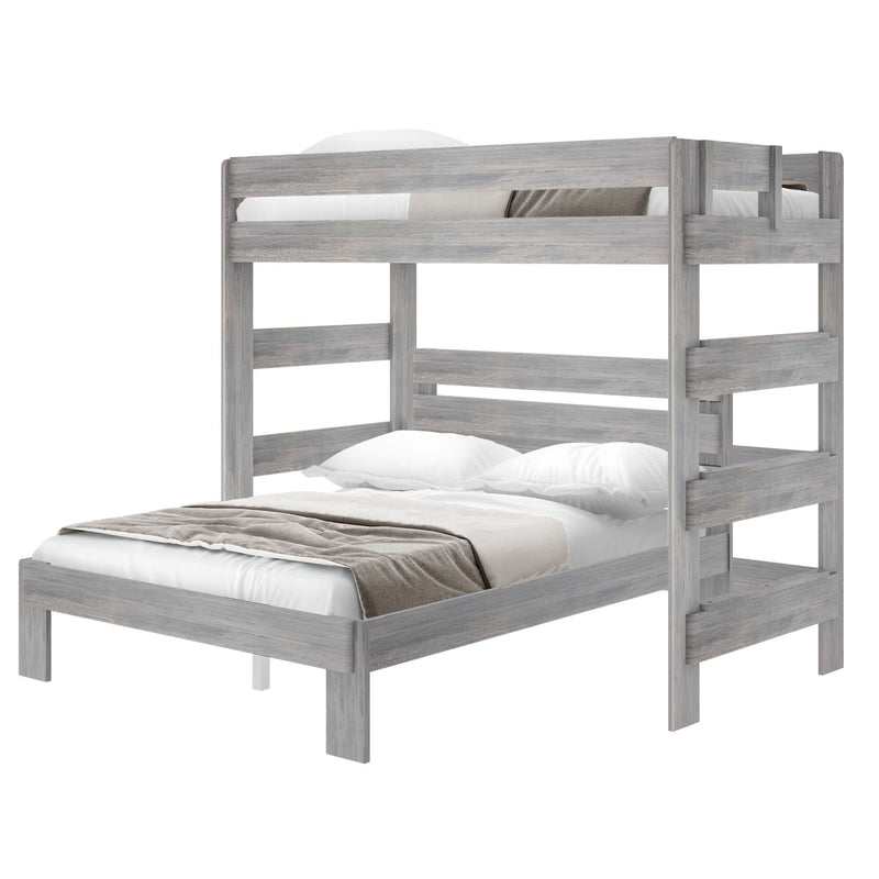 Stylish gray wooden bunk bed with double bottom and single top mattresses, featuring cozy white and taupe bedding.