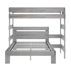 Gray wooden bunk bed frame with ladder, modern design for stylish bedroom furniture.