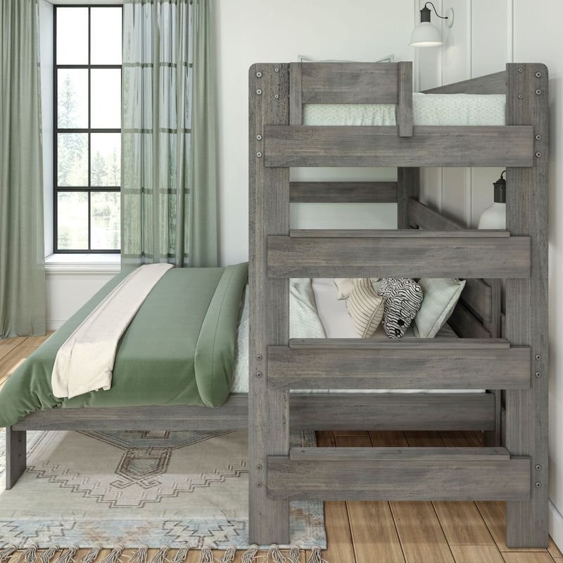 Contemporary wooden bunk bed with green bedding in a stylish bedroom setting.