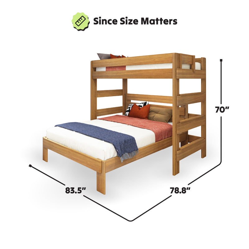 Twin over full wooden bunk bed with dimensions labeled, featuring cozy bedding and modern design.