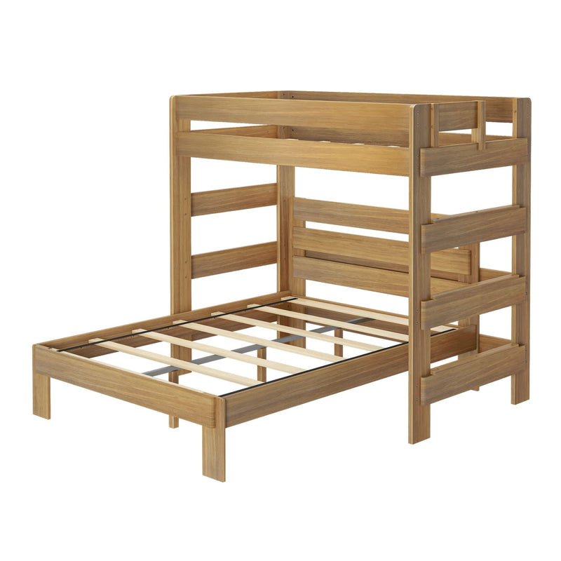 Wooden bunk bed frame with ladder and space-saving design.