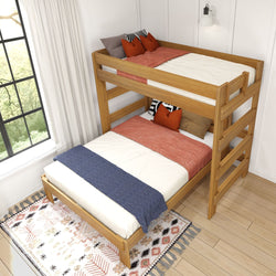 Stylish wooden bunk bed with colorful bedding in a modern bedroom setting.