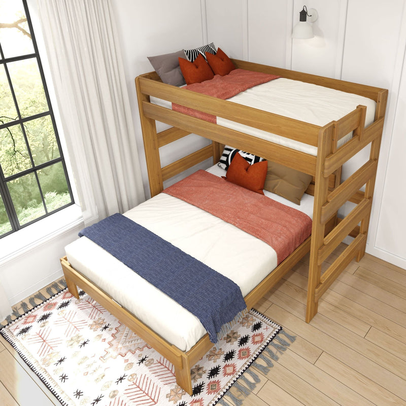 Stylish wooden bunk bed with colorful bedding in a modern bedroom setting.