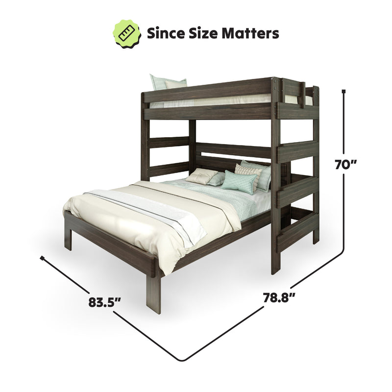 Bunk bed with double bed on bottom and twin on top showcasing dimensions 83.5 inches long, 78.8 inches wide, and 70 inches high, emphasizing size importance.