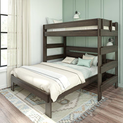 Modern wooden bunk bed in a bright bedroom with decorative pillows and a woven rug, perfect for space-saving solutions.