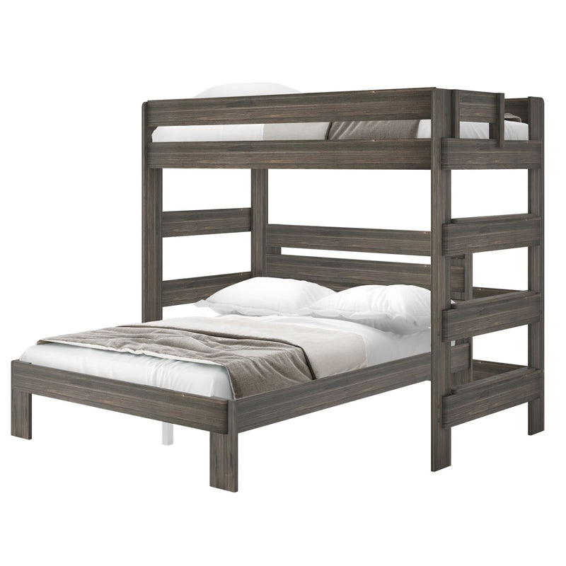 Dark wood twin over queen bunk bed with comfortable bedding and sturdy design.