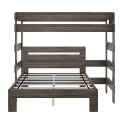 Wooden loft bed frame with slatted headboard and integrated ladder in modern design.