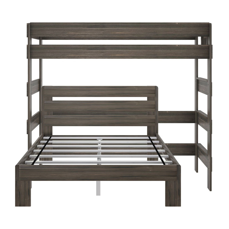 Wooden loft bed frame with slatted headboard and integrated ladder in modern design.