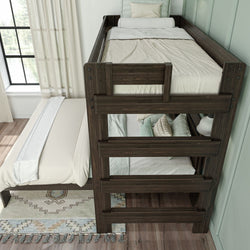 Brown wooden bunk bed with white and green bedding in modern minimalist bedroom.