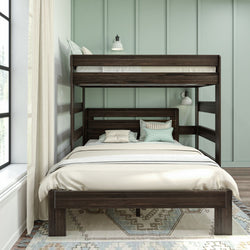 Modern dark wood loft bed with cozy white bedding in a stylish mint green bedroom.