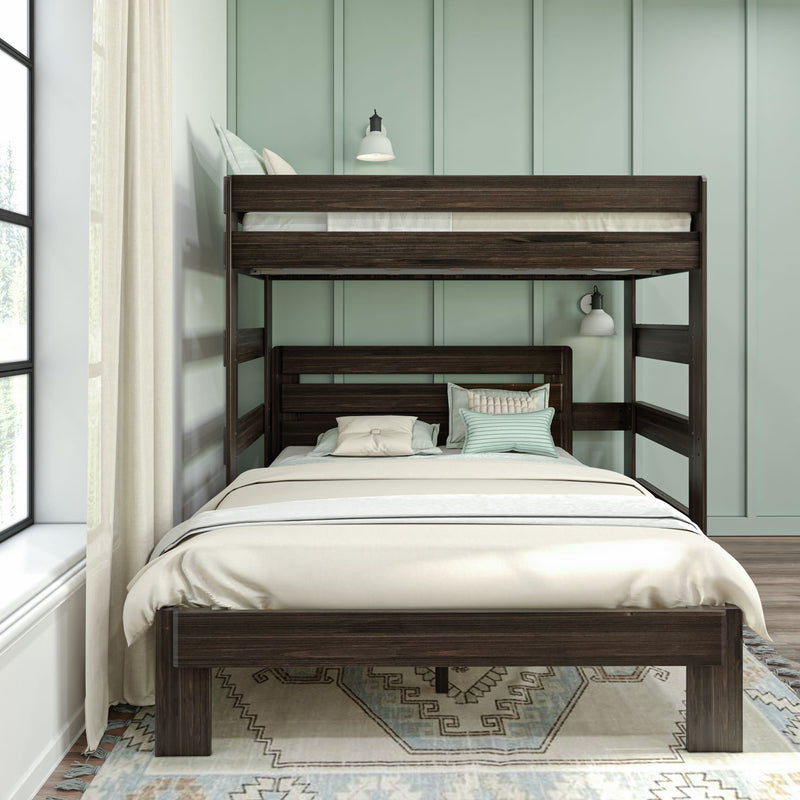 Modern dark wood loft bed with cozy white bedding in a stylish mint green bedroom.