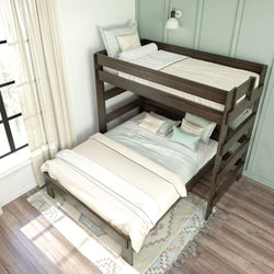 Stylish wooden bunk bed in modern bedroom with cozy bedding and decorative pillows.