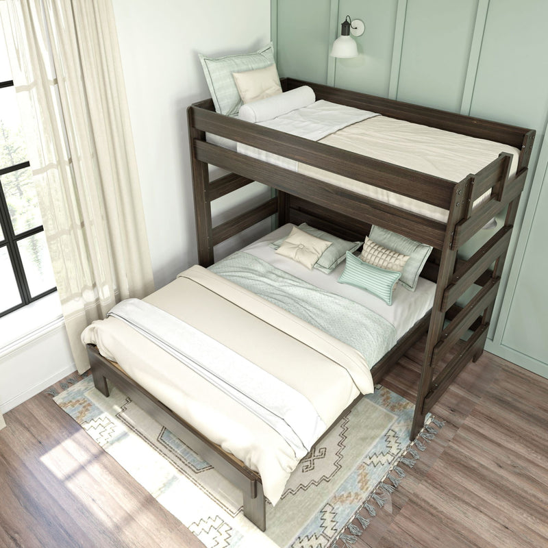 Stylish wooden bunk bed in modern bedroom with cozy bedding and decorative pillows.