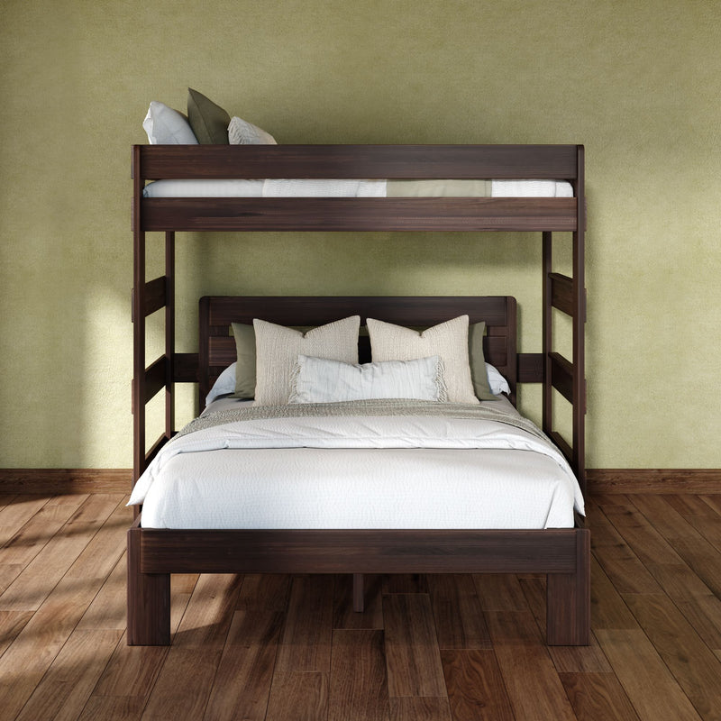 Solid dark wood bunk bed with white bedding and neutral pillows against a sage-green textured wall on hardwood floors, modern space-saving bedroom