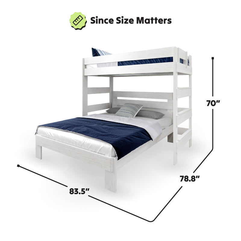 White wooden bunk bed with dimensions 83.5 inches by 78.8 inches by 70 inches, featuring a twin over full design and blue bedding.
