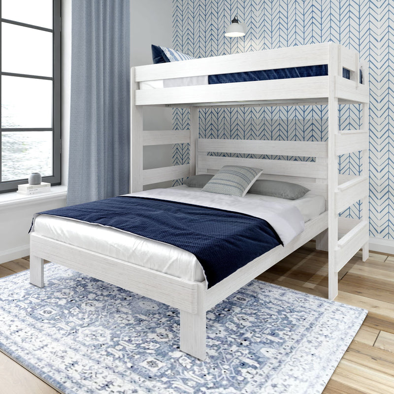 White wooden bunk bed with blue and white bedding in a modern bedroom with a geometric wallpaper background.
