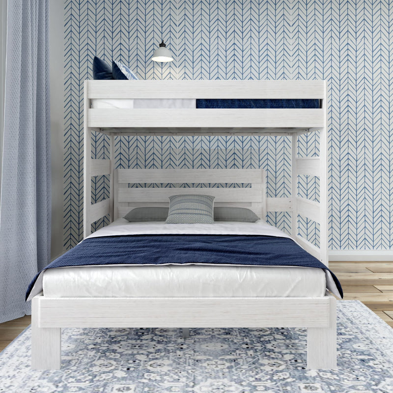 Modern white bunk bed with blue and white bedding in a stylish, patterned bedroom.