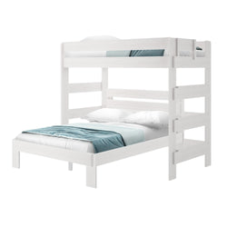White wooden bunk bed with blue bedding and a modern design for kids or teens bedrooms.