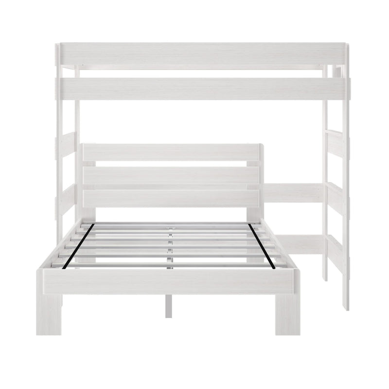 White twin loft bed frame with ladder and slatted base for bedroom furniture.