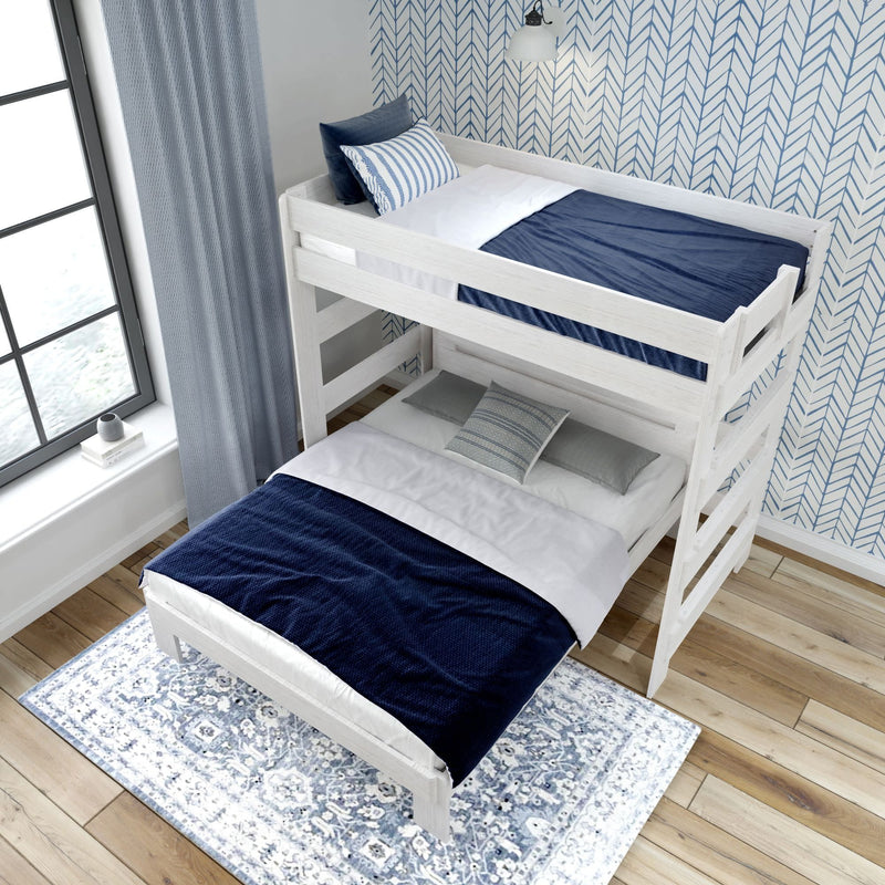 White twin over full bunk bed with blue bedding in modern bedroom design.