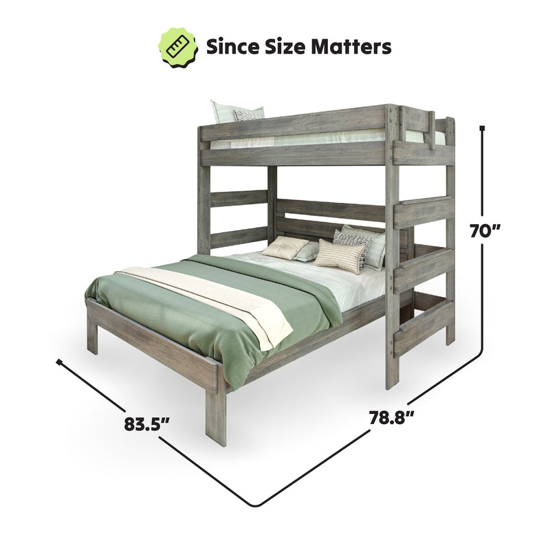 Wooden bunk bed with mattress and dimensions displayed, highlighting space-saving bedroom furniture design.