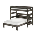 Gray-stained solid wood twin-over-twin bunk bed with built-in ladder, safety guardrails and white mattresses — space-saving modern kids' bed