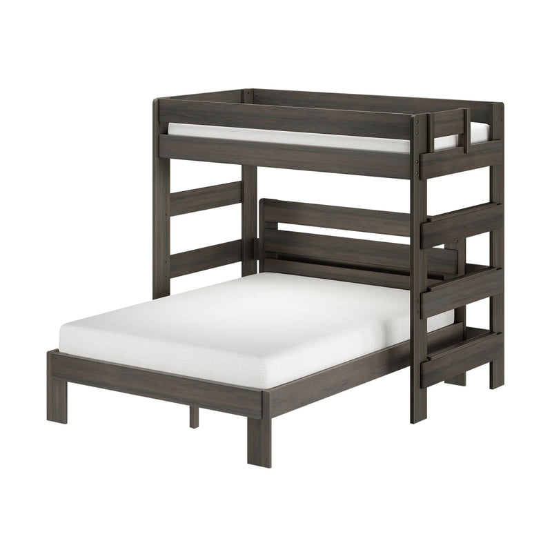 Gray-stained solid wood twin-over-twin bunk bed with built-in ladder, safety guardrails and white mattresses — space-saving modern kids' bed
