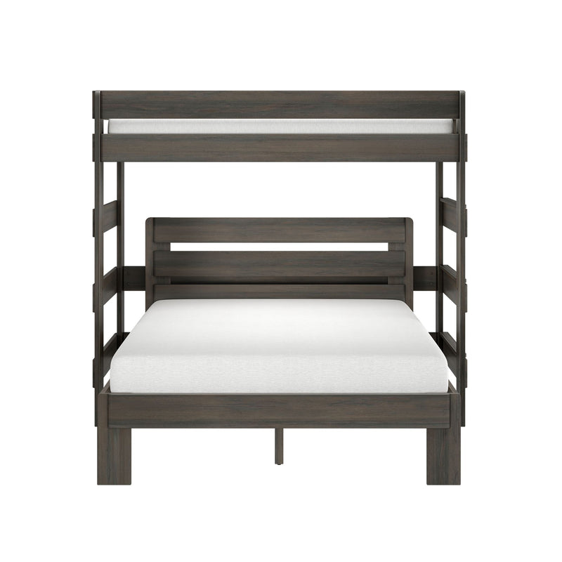 Dark gray solid wood twin-over-full bunk bed with slatted headboards and white mattresses on a white background
