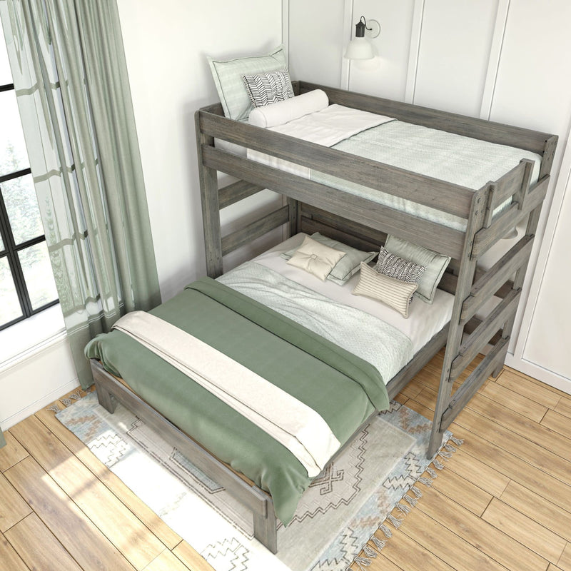 Rustic wooden bunk bed with green bedding in a cozy bedroom.