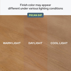 Image showing pecan dip wood finish under different lighting conditions: warm light, daylight, and cool light, showcasing color variations.