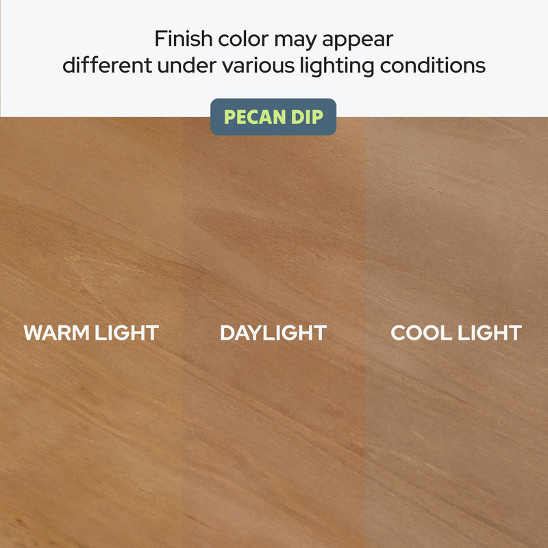 Image showing pecan dip wood finish under different lighting conditions: warm light, daylight, and cool light, showcasing color variations.