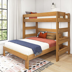 Wooden bunk bed with modern design and colorful bedding in a cozy bedroom.