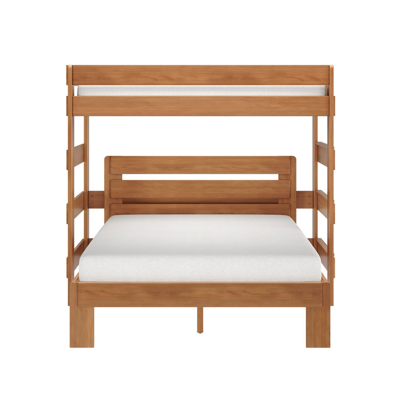 Solid natural wood bunk bed with slatted headboards and white mattresses, modern minimalist bedroom furniture