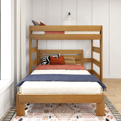 Wooden bunk bed with colorful bedding and decorative pillows in a modern bedroom setting.