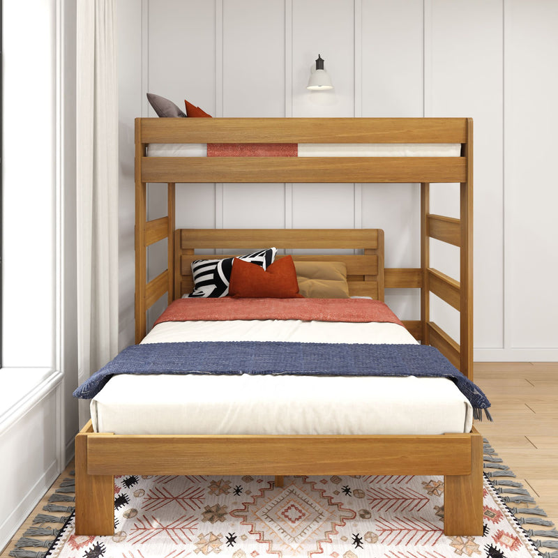 Wooden bunk bed with colorful bedding and decorative pillows in a modern bedroom setting.