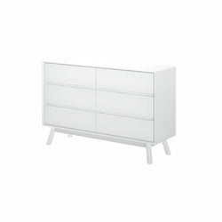Modern white dresser with six drawers for bedroom storage.