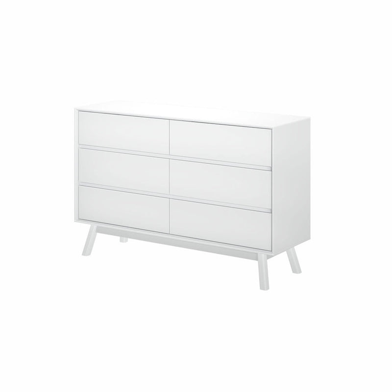 Modern white dresser with six drawers for bedroom storage.