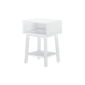 Modern white bedside table with open shelf and minimalist design.