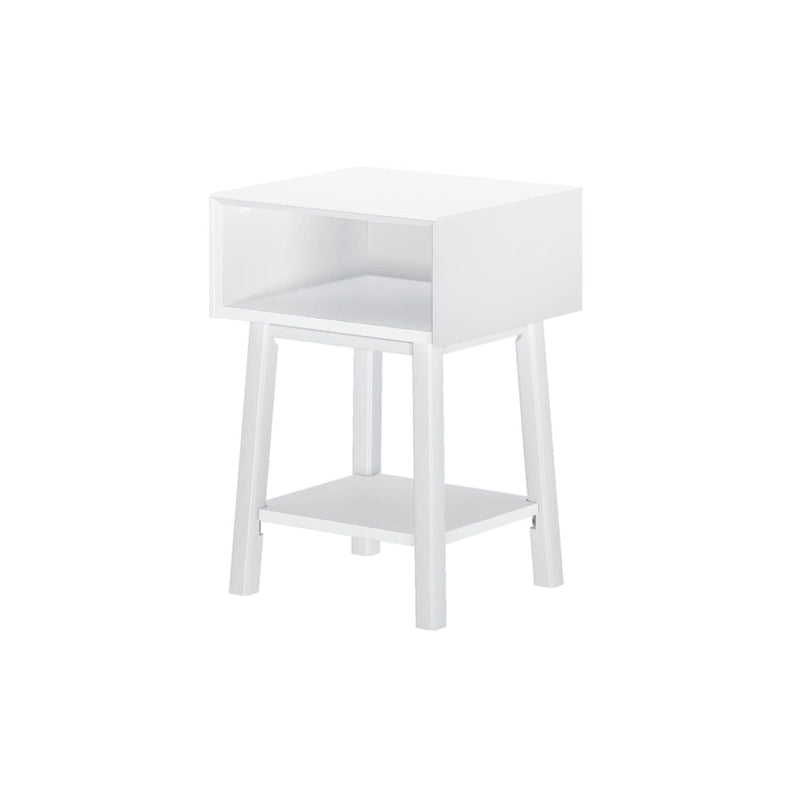 Modern white bedside table with open shelf and minimalist design.