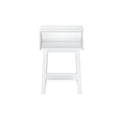 Minimalist white wooden side table with open storage shelf.