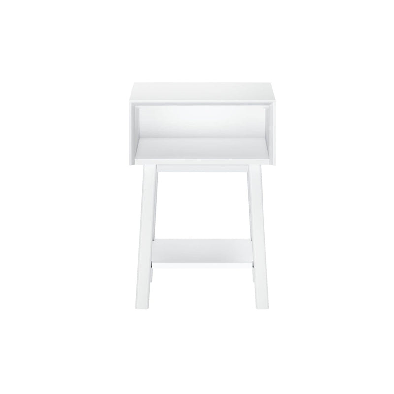 Minimalist white wooden side table with open storage shelf.