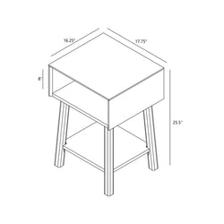 Modern nightstand bedside table line drawing with open cubby and lower shelf, four tapered legs, dimensions 17.75" W × 16.25" D × 25.5" H — small side table for bedroom or living room