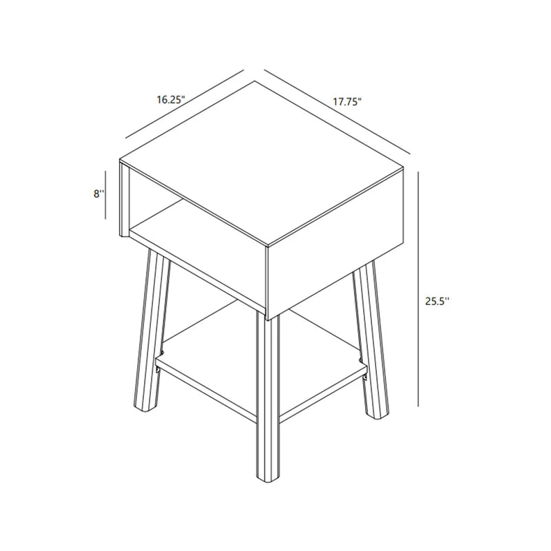 Modern nightstand bedside table line drawing with open cubby and lower shelf, four tapered legs, dimensions 17.75" W × 16.25" D × 25.5" H — small side table for bedroom or living room