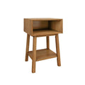 Wooden bedside table with open storage shelves and minimalist design.
