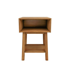 Modern wooden nightstand with storage shelf, minimalist design.