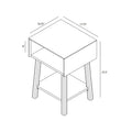 Nightstand dimensions diagram — isometric line drawing of a mid-century style bedside table/end table with open cubby, lower shelf and angled legs, annotated 16.25 in W x 17.75 in D x 25.5 in H